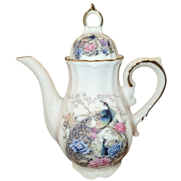 Heisei Japan Peacock Floral Porcelain Tea Set 15pc Gold Trim Teapot Cups Saucers - Picture 2 of 16